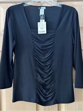 VTG KC Stevens 3/4 Sleeve Black Ruched Top Whimsigoth Romantic Goth Officecore